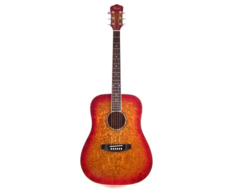 Redwood steel string acoustic guitar, model D-235 TSB, flamed ash with sunburst finish, with soft case, 106cm long