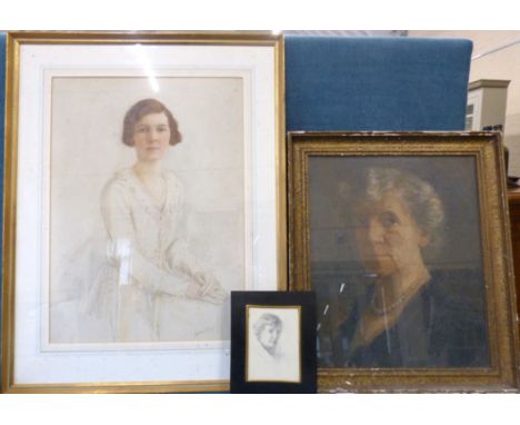 Framed watercolour portrait signed Keturah Collings, unsigned oil painting and pencil drawing of a lady. Condition reports ar
