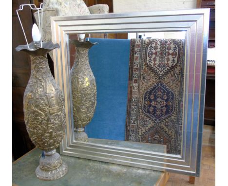 Sillver effect mirror, 80cm square and embossed brass lamp base, 69cm tall. Condition reports are not available for our Inter