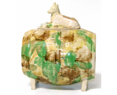 19th century Staffordshire pottery tea caddy moulded in the form of a barrel kennel with lid moulded in the form of a dog. Co