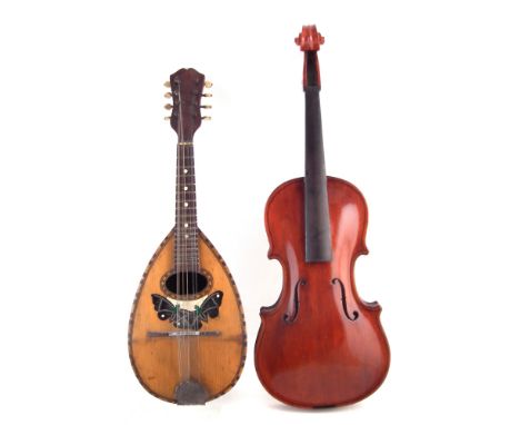 Bowl back mandolin, with butterfly design sound hole, rosewood bowl back, also a viola, which measures 68cm long overall.