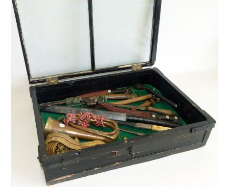 Glass display cabinet, various knives, daggers, bayonets and a bugle Condition reports are not available for our Interiors Sa