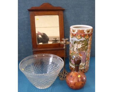 Oriental stick stand, brass candlestick, glass punch bowl and mahogany mirrored candle wall box. Condition reports are not av