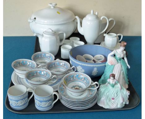 Six Wedgwood Florentine Turquoise cups and saucers, a collection of other Wedgwood ware and two Coalport figures Condition re