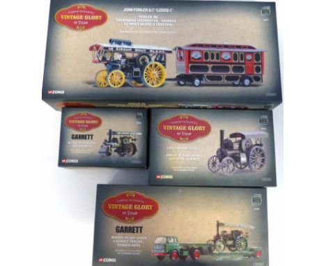 Four Corgi Vintage Glorby traction engines, Bedford T.K. Low Loader and Garrett Tractor (22402), Fowler B.G. Road Engine (801