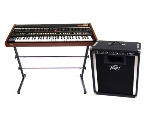 Korg Trident Mk1 keyboard and stand, with sustain pedal, volume swell pedal, cables and instruction book, together with a Pea