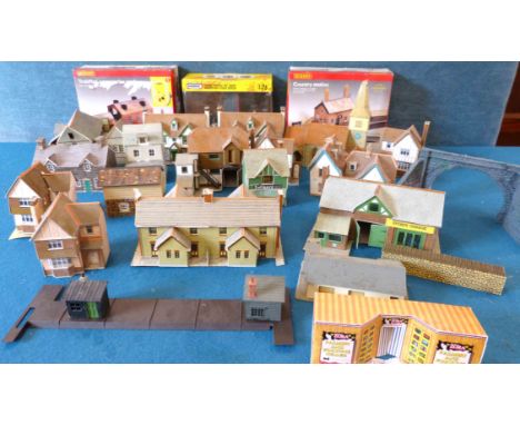 Boxed Hornby Country Station, engine shed, signal box, Scenix village hall/chapel and quantity mainly cardboard horses and sh