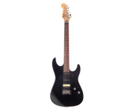 Stratocaster type guitar, possibly assembled from parts with Encore neck bearing false custom shop decals, metallic black bod