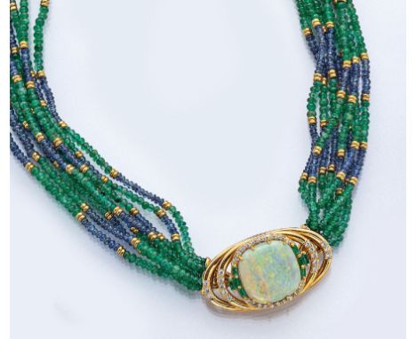 18 kt Gold Farbstein Brillant Collier,   GG 750/000, Mittelteil abnehmbar und auch als Anhänger zu tragen, 1 Opal ca. 10.0 ct