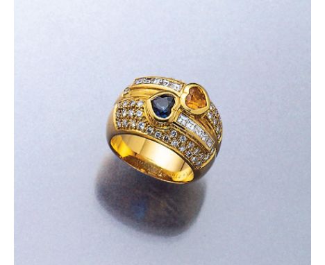 18 kt Gold Ring mit Saphiren und Diamanten,  GG 750/00, 1 gelbes und 1 blaues facett. Saphir-Herz zus. ca. 1.30 ct, 54 Brilla