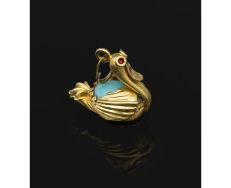 18 kt Gold Anhänger 'Schwan' mit Türkis,   GG750/000, Körper mit Türkiscabochon, Augen mit rotem Email, ca. 2 x 1.2 cm, ca. 4