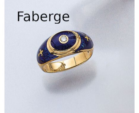 18 kt Gold FABERGE Ring mit Email und Brillant.   GG 750/000, limitiert, teilw. mit royalblauem Email auf guill. Grund, Brill