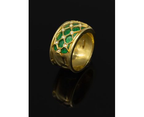 18 kt Gold Ring mit Email und Diamanten,   GG 750/000, aufgel. Gitter mit 19 Diamanten zus. ca. 0.10 ct Weiß/si, Untergrund g