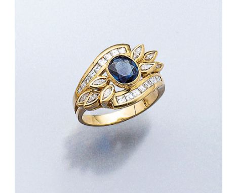 18 kt Gold Ring mit Saphir und Diamanten,   GG 750/000, ausgefallener Ringkopf bes. 8 Diamantnavettes und 18 Diamantcarrees z