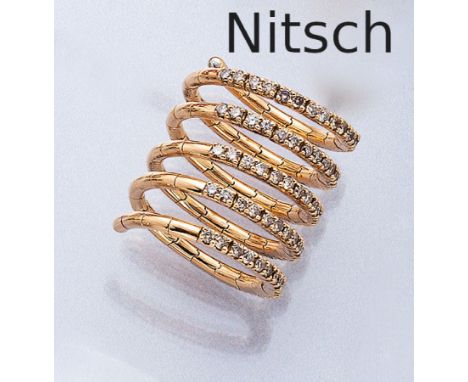 18 kt Gold NITSCH Ring mit Brillanten,   RG 750/000, 5-reihig, spiralförmig, mit 90 braunen Brillanten zus. ca. 1.82 ct, RW 5