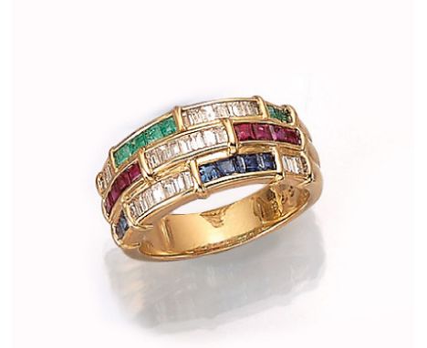 18 kt Gold Ring mit Diamanten, Saphiren, Smaragden und Rubinen,   GG 750/000, bes. mit20 Saphir-, Smaragd- und Rubincarrees z