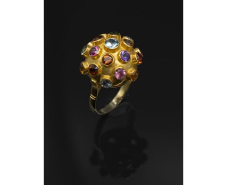 18 kt Gold Ring mit Farbsteinen,   GG 750/000, Kugelkopf bes. mit bunten Farbsteinen: Turmalin, Amethyst, Topas (beh.), etc.,