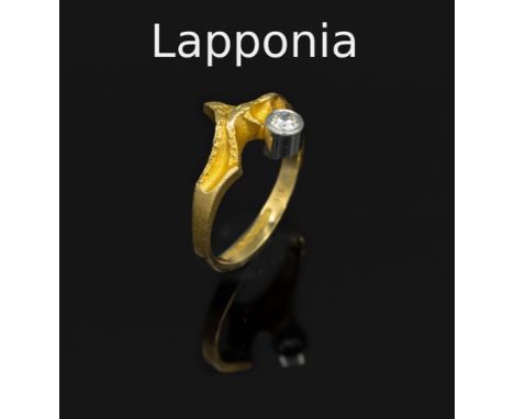 18 kt Gold LAPPONIA Ring mit Brillant, Finnland 1992,   GG/WG 750/000, asymm. Schiene grav. und pol., in WG gefasster Brillan