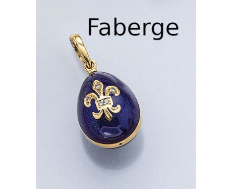 18 kt Gold FABERGE Ei-Anhänger mit Brillanten und Email,   GG 750/000, limitiert, royalblaues Email auf guillochiertem Grund,