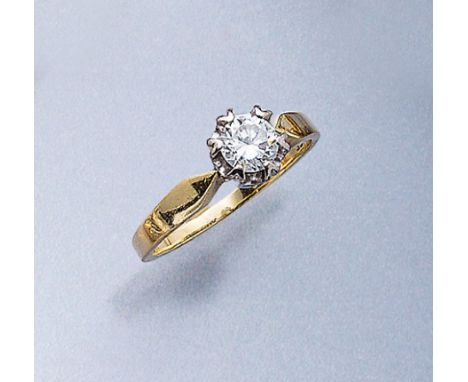 14 kt Gold Ring mit Brillant-Solitär,   GG 585/000, in WG gefasster Brillant in Krönchenfassung ca. 0.55 ct Weiß/vs, ca. 2.9 