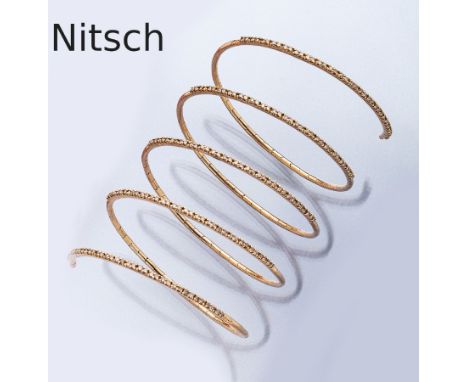 18 kt Gold NITSCH Armreif mit Brillanten,   RG 750/000, spiralförmig, 5-reihig, mit 182 Braunen Brillanten zus. ca. 3.65 ct, 