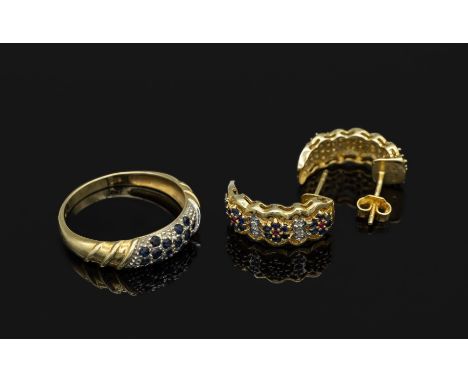 14 kt Gold Paar Ohrstecker und Ring mit Diamanten und Saphiren, WG 585/000,   Ring: 14 rundfacett. Saphire zus. ca. 0.16 ct, 