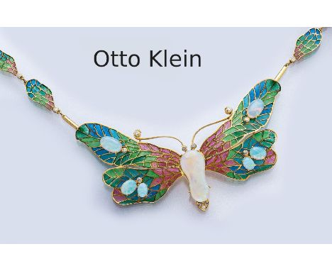 Verwandlungs-Collier/Brosche OTTO KLEIN 'Schmetterling' mit Opalen, Diamanten und Fensteremail, GG 750/000, deutsch, Hanau 19