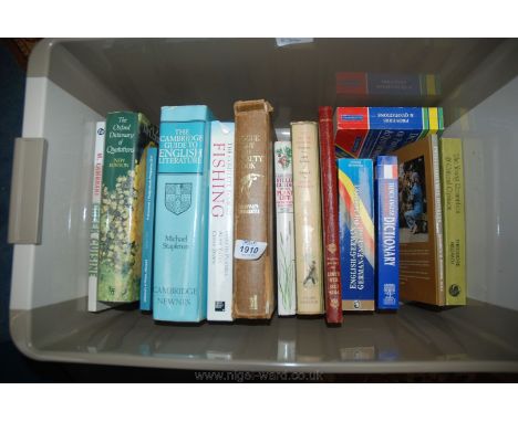 A box of miscellaneous books including a Cambridge Guide to English Literature, the Complete book of Fishing etc.