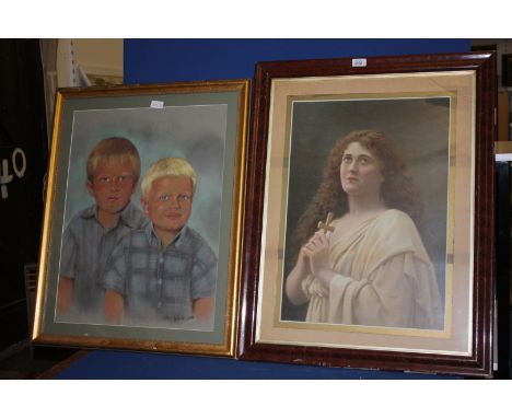 A religious picture of Lady Holding a Cross together with a Portrait in pastel of two children
