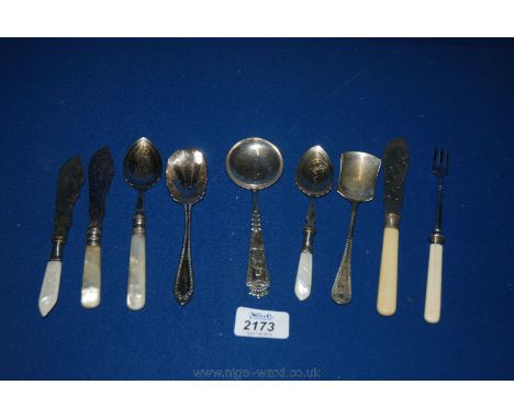 A box of cutlery including fish knives, Pickle Fork, Sugar Spoon, etc.