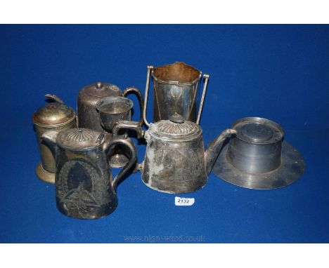 A box of plated Teapots plus an old Pewter Inkwell