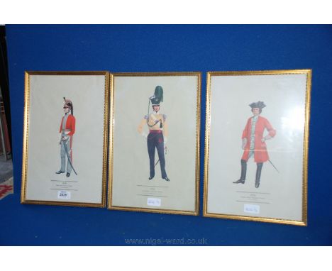 Three pictures depicting soldiers, one of 1722 Captain in the Kings Regiment of Horse, the second of 1823 Field Officer in th