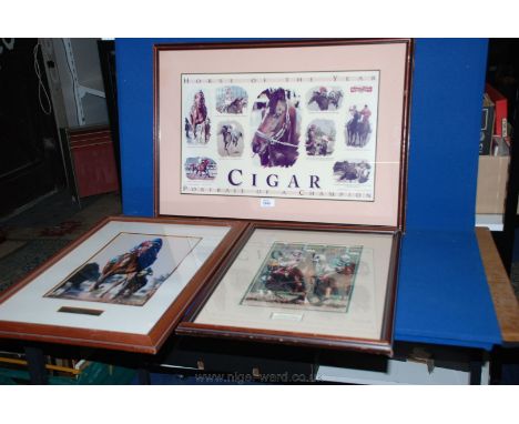 Three pictures including horse racing Print 'Cigar - Portrait of a Champion', a framed photographic Print 'Thunder Gulch' and