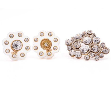 Chanel - A pair of large acrylic clip-on earrings and a brooch set with rhinestones; the earrings each contain a scalloped cl