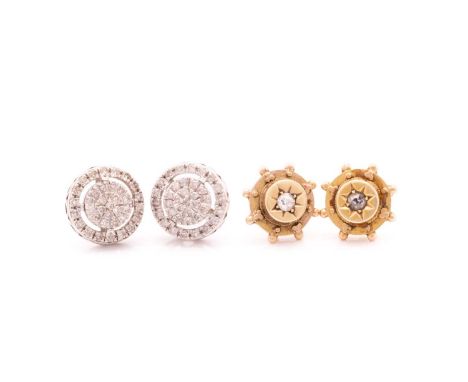 Two pairs of diamond set earrings, the first is pave set with 8-cut diamonds in a circular stud set in a white metal pierced-