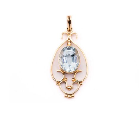 An aquamarine pendant, featuring an oval aquamarine in light blue colour, approximately measures 13.3 x 10.2 x 7.2 mm, collet