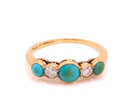 A turquoise and diamond half hoop ring, comprising graduated circular turquoise cabochons alternating with old-cut diamonds o