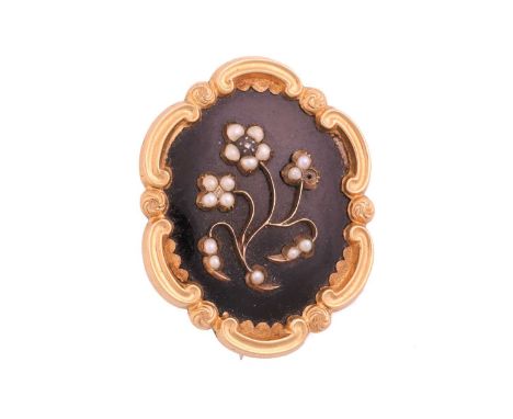 A Victorian mourning brooch, comprising a pearl-set forget me not application on the oval onyx panel, highlight with a rose-c