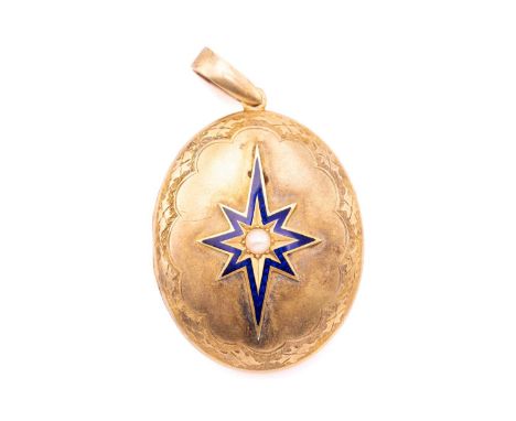 A Victorian enamel and pearl locket, the cover bears a pearl of 4.0 mm inlaid at the centre, and applied eight-pointed star w