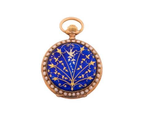 A full hunter fob pocket watch with enamel and pearls, featuring a keyless wound mechanical movement in a yellow metal 14kt c