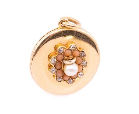 A locket pendant set with a multi-gem cluster, comprising a pearl at the centre in a white enamelled mount, encircled by a fr