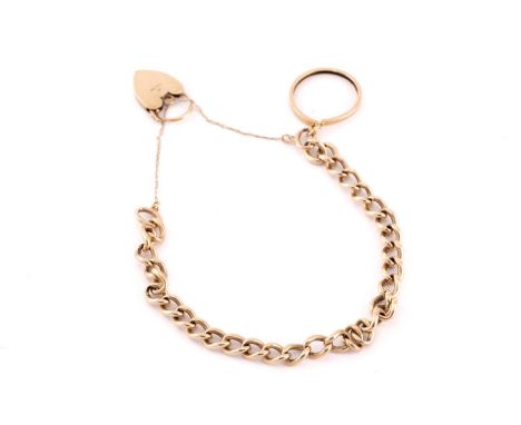 A 9ct yellow gold bracelet, comprising a hollow curb link-chain dangling with an empty sovereign mount, fastened by a heart-s