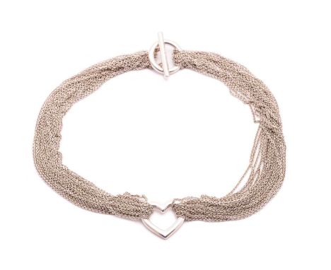 Tiffany &amp; Co. - A multi-strand mesh necklace with heart charm, consisting of ten fine cable link chains attaching to an o