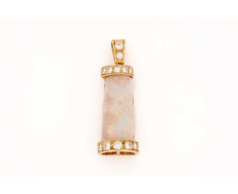 An opal and diamond pendant, the tapering rectangular opal cabochon, with good blue/orange play of colour, to yellow mount wi