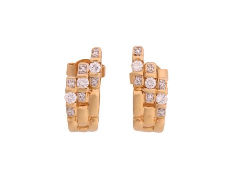 A pair of diamond earrings in 18ct yellow gold, of brick link design, each ornated with nine brilliant-cut diamonds, fitted w