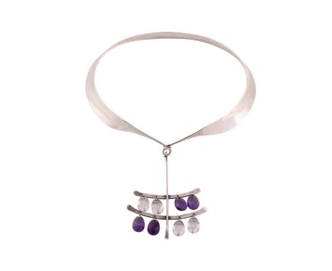 Georg Jensen - 'Neck Ring' with quartz and amethyst multi-drop pendant; comprising a streamlined tension clamp opening neckla