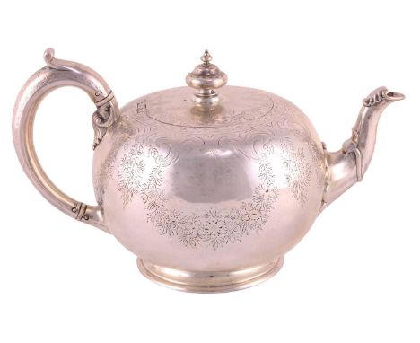 A Victorian heavy silver bullet teapot, London 1863 by William Wingham Williams, With hinged cover, shaped leaf-capped spout 