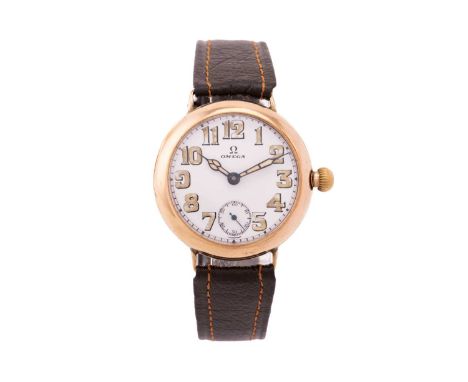 A 9ct gold 1915 Omega Trench wristwatch, featuring a Swiss-made hand would mechanical movement in a hallmarked 9ct yellow gol