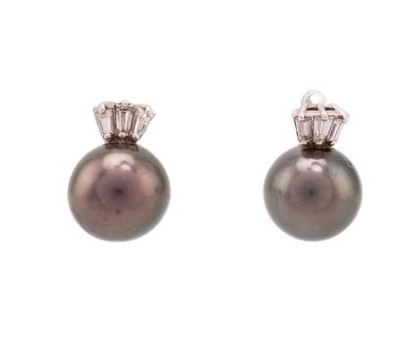 A pair of Tahitian pearl stud earrings, each comprises a round pearl of 10.8 mm, steel coloured with peacock overtones, attac