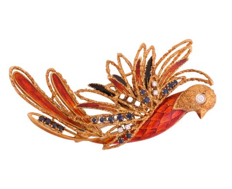 A sapphire and diamond phoenix brooch set in textured yellow metal with translucent orange enamel breast, wing and tail feath
